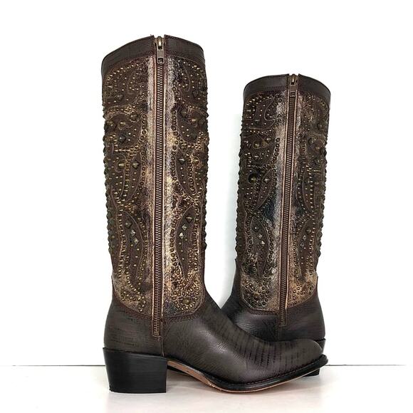 Frye Deborah Deco Tall Studded Crackle Leather Western Boots Women’s 6.5 Shoes - Picture 5 of 12